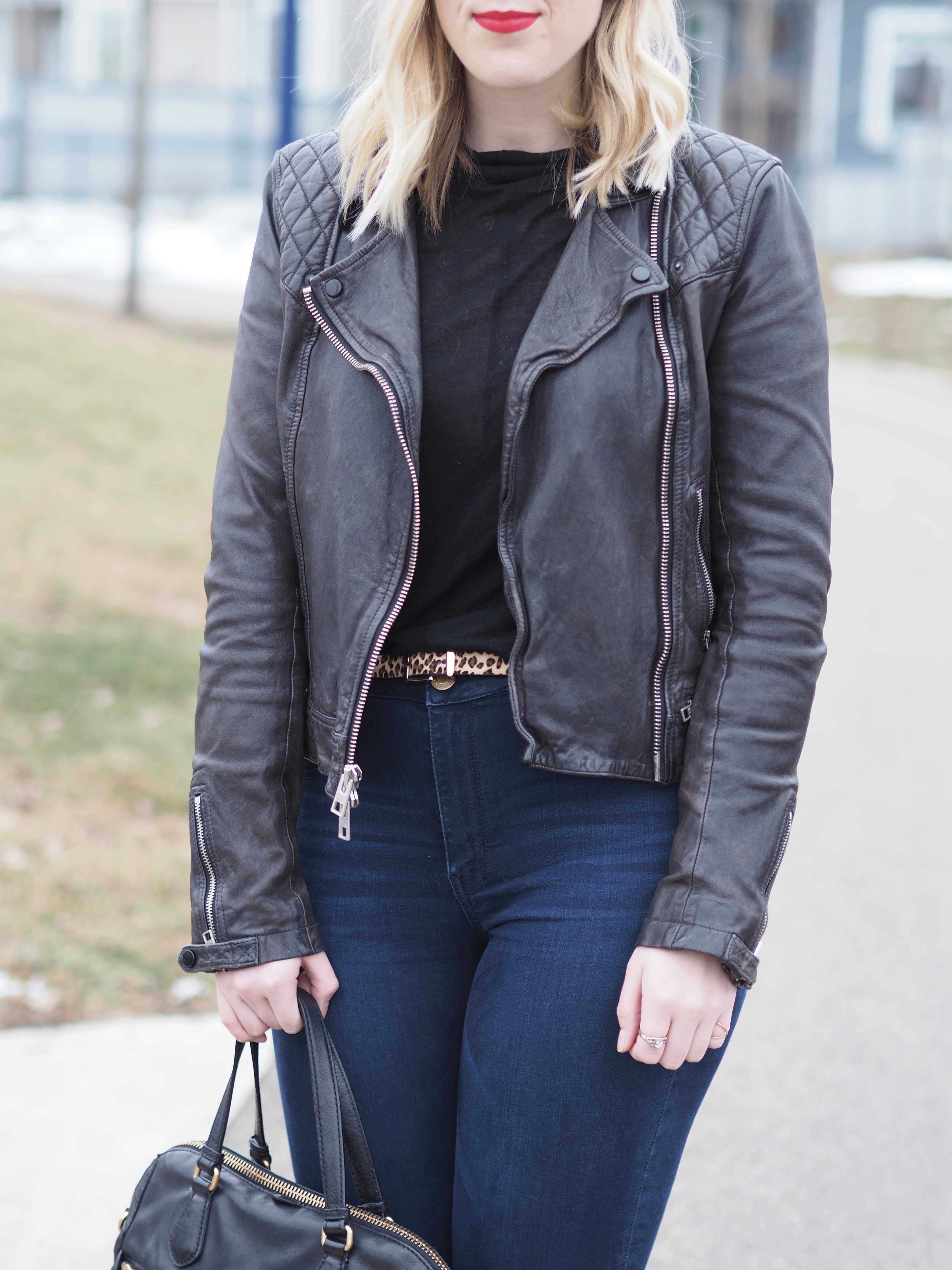 Leopard Belt - Strungingold {Topshop belt, American Eagle Jeans, All Saints Leather Jacket, Aritzia Turtleneck, Marc Jacobs Bag}