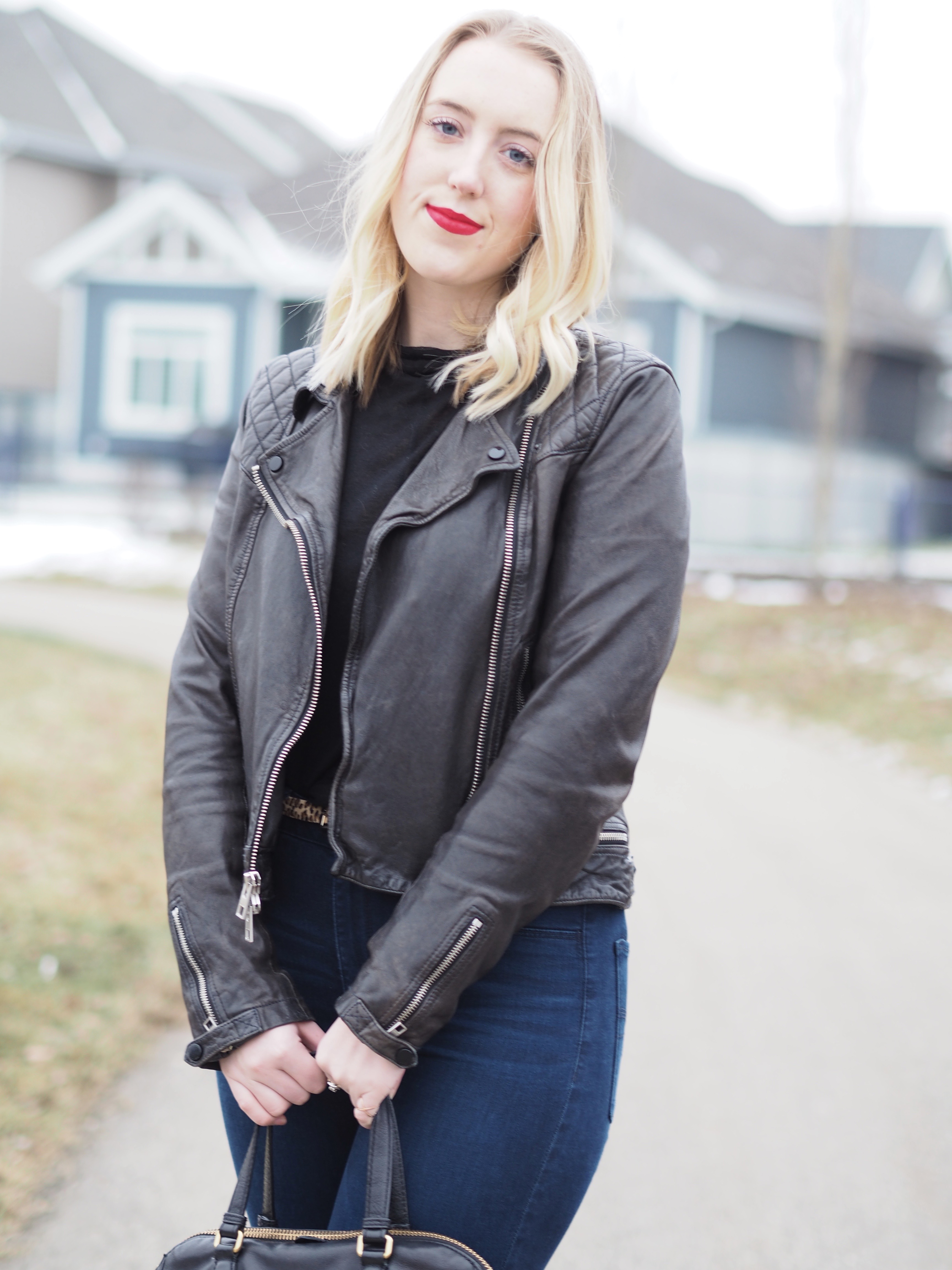 Leopard Belt - Strungingold {Topshop belt, American Eagle Jeans, All Saints Leather Jacket, Aritzia Turtleneck, Marc Jacobs Bag}