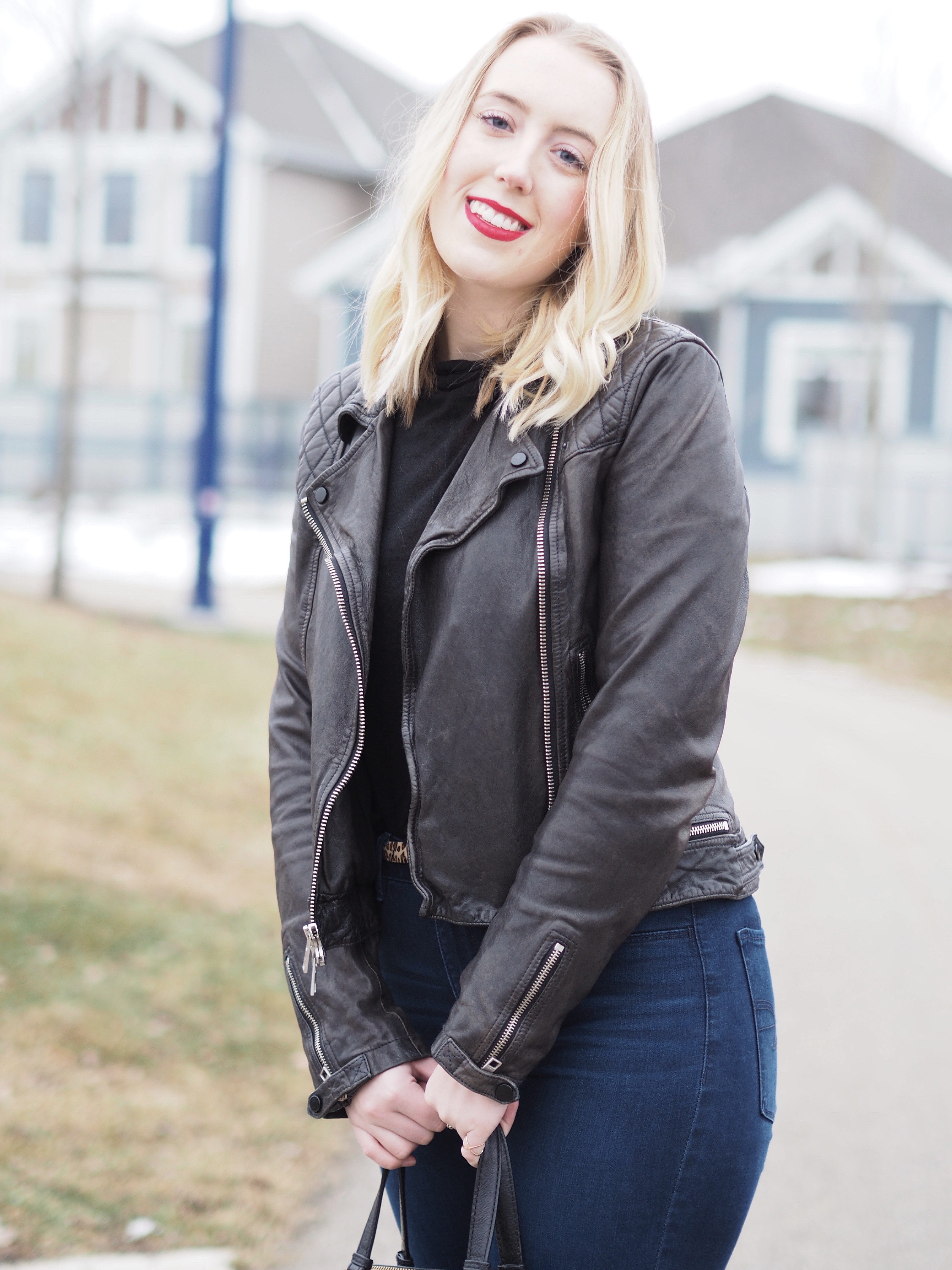 Leopard Belt - Strungingold {Topshop belt, American Eagle Jeans, All Saints Leather Jacket, Aritzia Turtleneck, Marc Jacobs Bag}