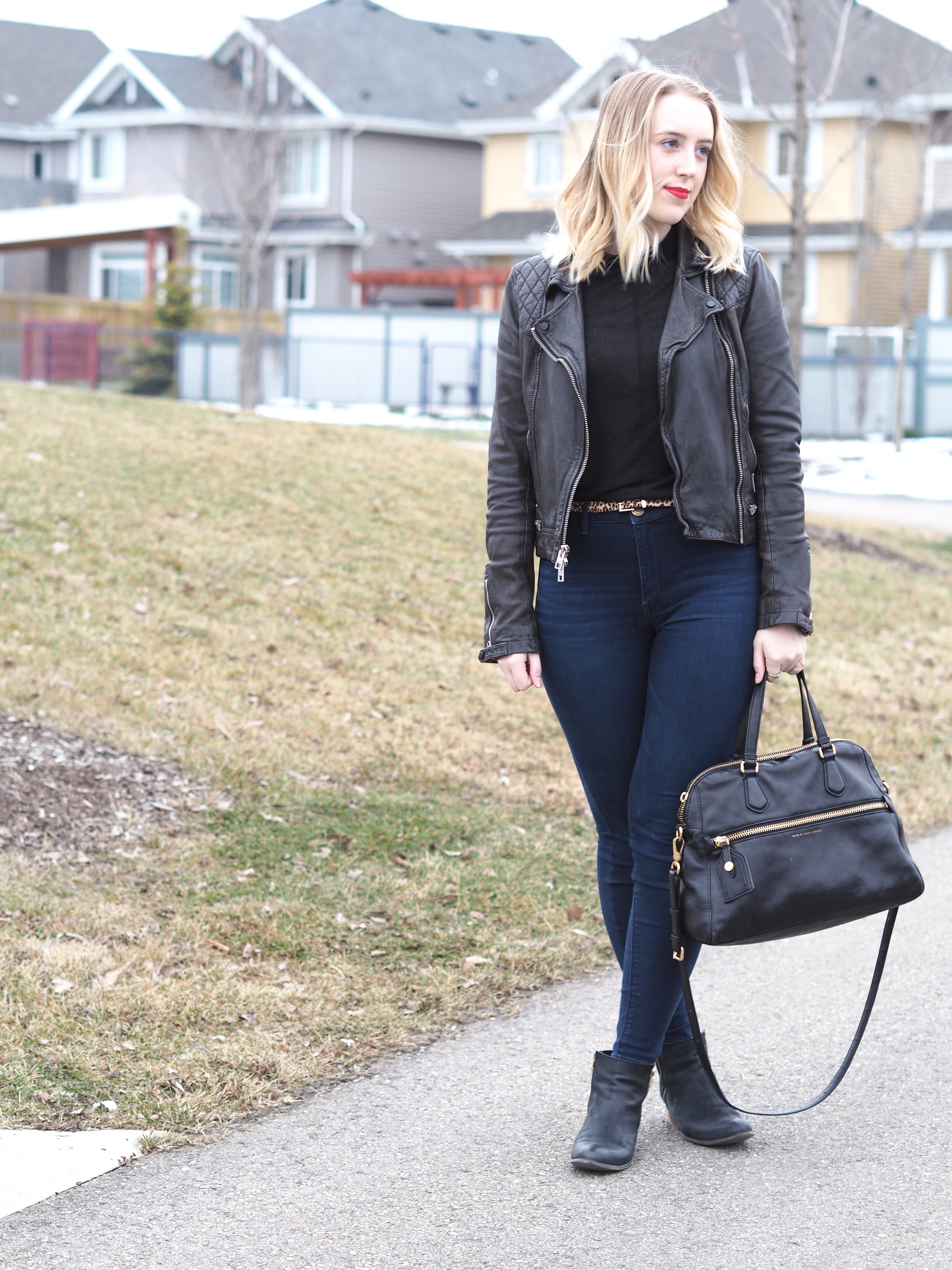 Leopard Belt - Strungingold {Topshop belt, American Eagle Jeans, All Saints Leather Jacket, Aritzia Turtleneck, Marc Jacobs Bag}