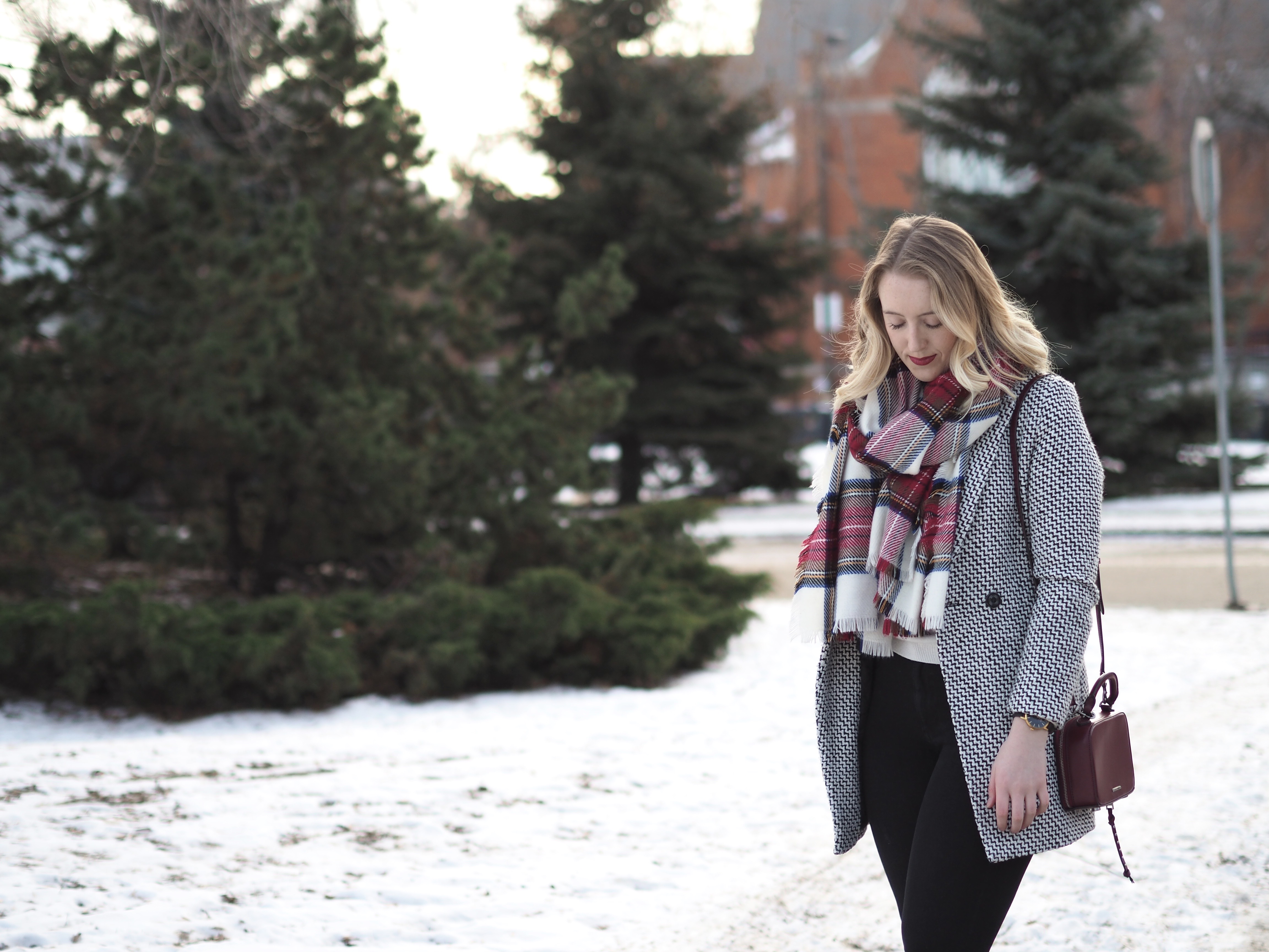 Patterned Overcoat - Strungingold {Chicwish Overcoat, Nordstrom Scarf, American Eagle Jeans, Kendall + Kylie Booties, Rebecca Minkoff Bag}