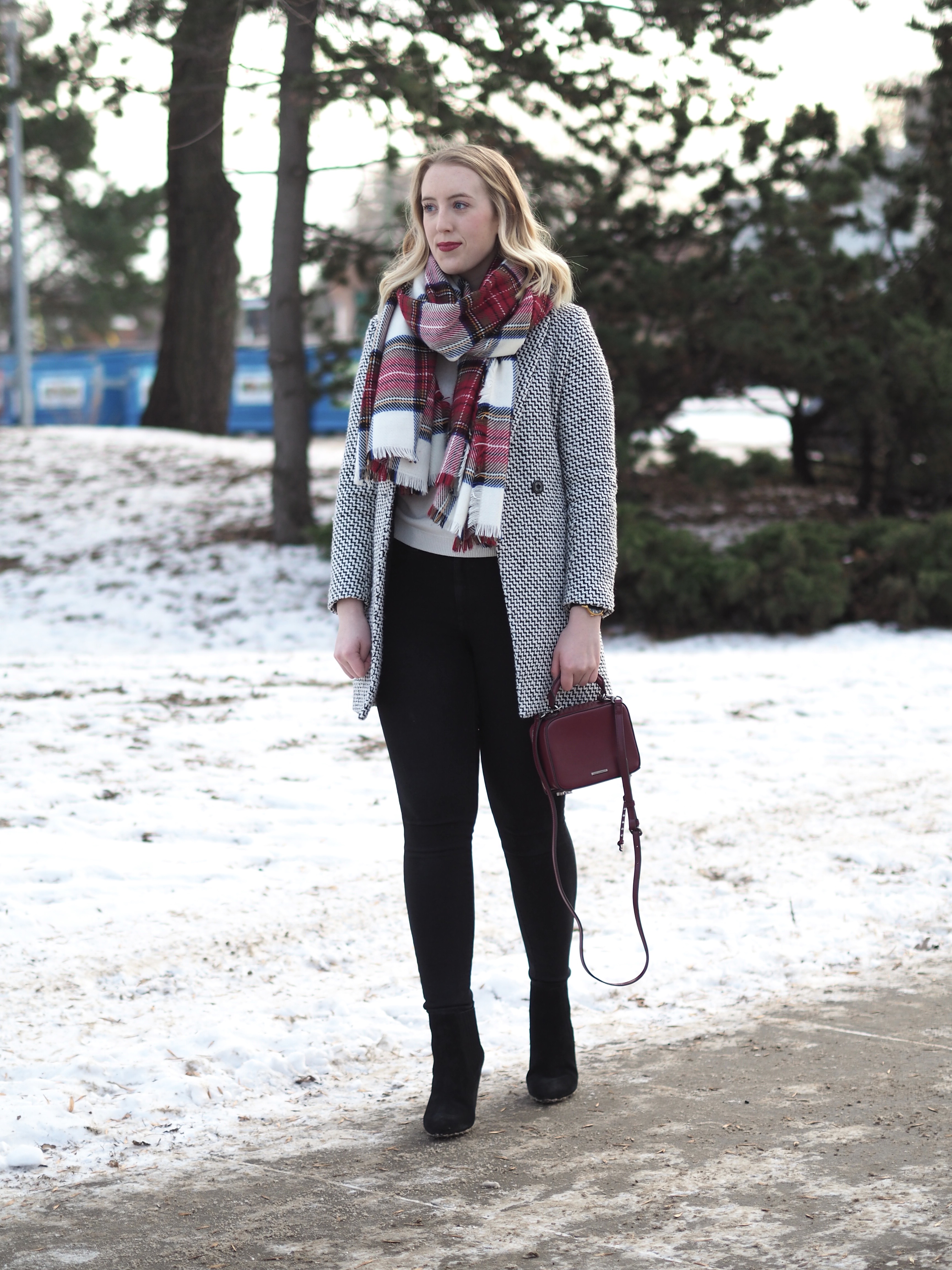 Patterned Overcoat - Strungingold {Chicwish Overcoat, Nordstrom Scarf, American Eagle Jeans, Kendall + Kylie Booties, Rebecca Minkoff Bag}