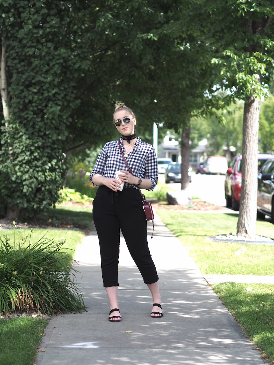 Exploring Edmonton - Strungingold {Aritzia Joggers, Square Scarf, J Crew Factory Button Down, Rebecca Minkoff Bag, Forever 21 Sandals, Origami Owl Necklace}