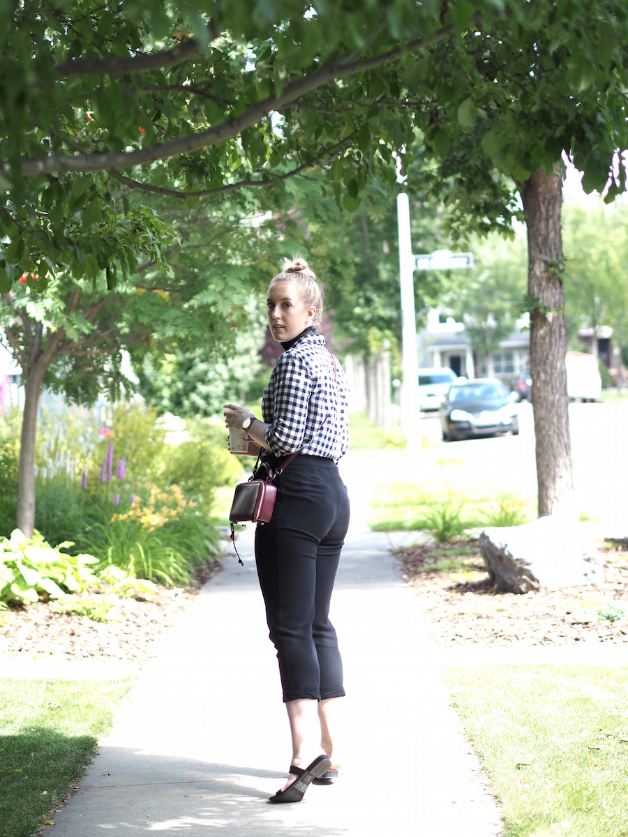 Exploring Edmonton - Strungingold {Aritzia Joggers, Square Scarf, J Crew Factory Button Down, Rebecca Minkoff Bag, Forever 21 Sandals, Origami Owl Necklace}