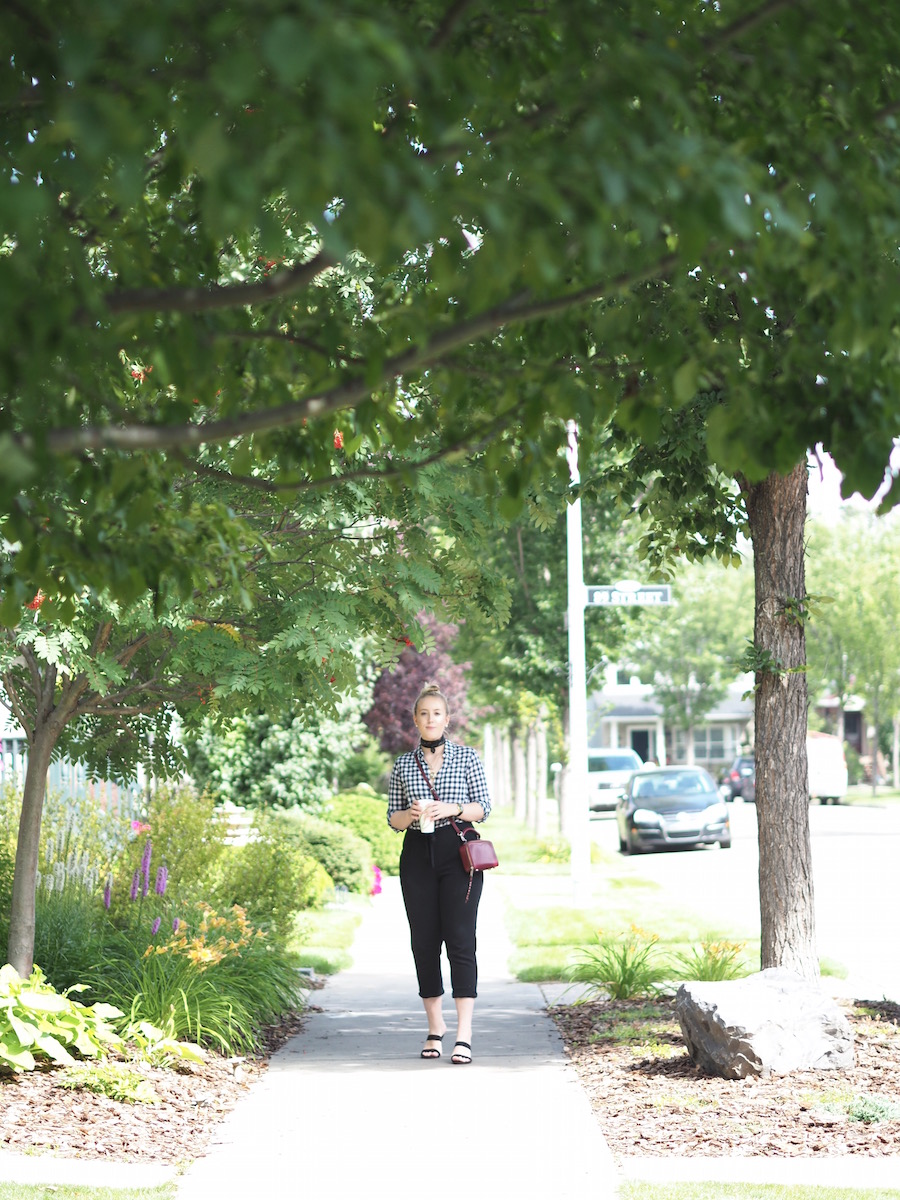 Exploring Edmonton - Strungingold {Aritzia Joggers, Square Scarf, J Crew Factory Button Down, Rebecca Minkoff Bag, Forever 21 Sandals, Origami Owl Necklace}