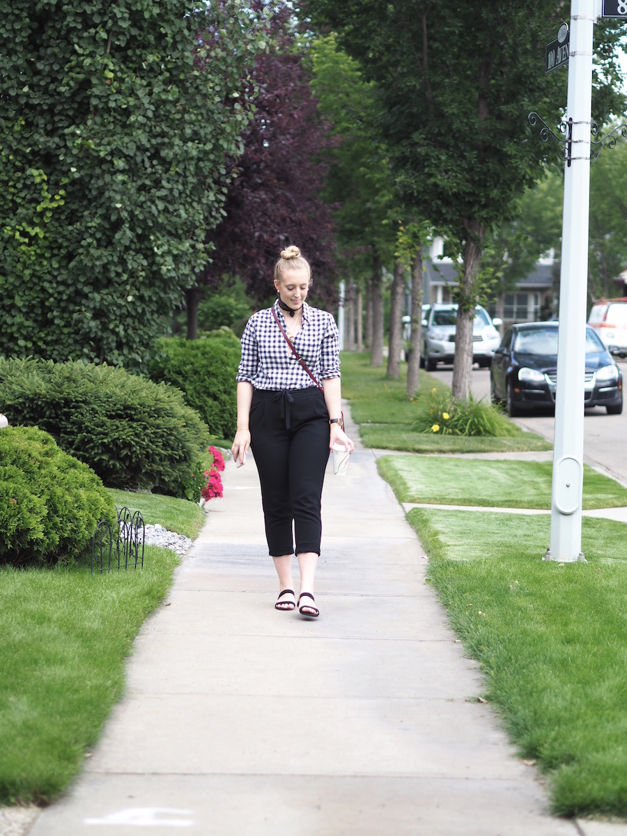 Exploring Edmonton - Strungingold {Aritzia Joggers, Square Scarf, J Crew Factory Button Down, Rebecca Minkoff Bag, Forever 21 Sandals, Origami Owl Necklace}