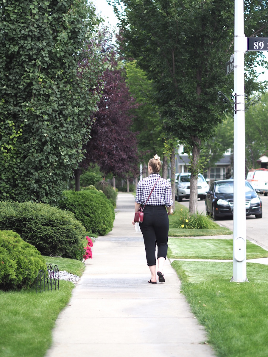 Exploring Edmonton - Strungingold {Aritzia Joggers, Square Scarf, J Crew Factory Button Down, Rebecca Minkoff Bag, Forever 21 Sandals, Origami Owl Necklace}