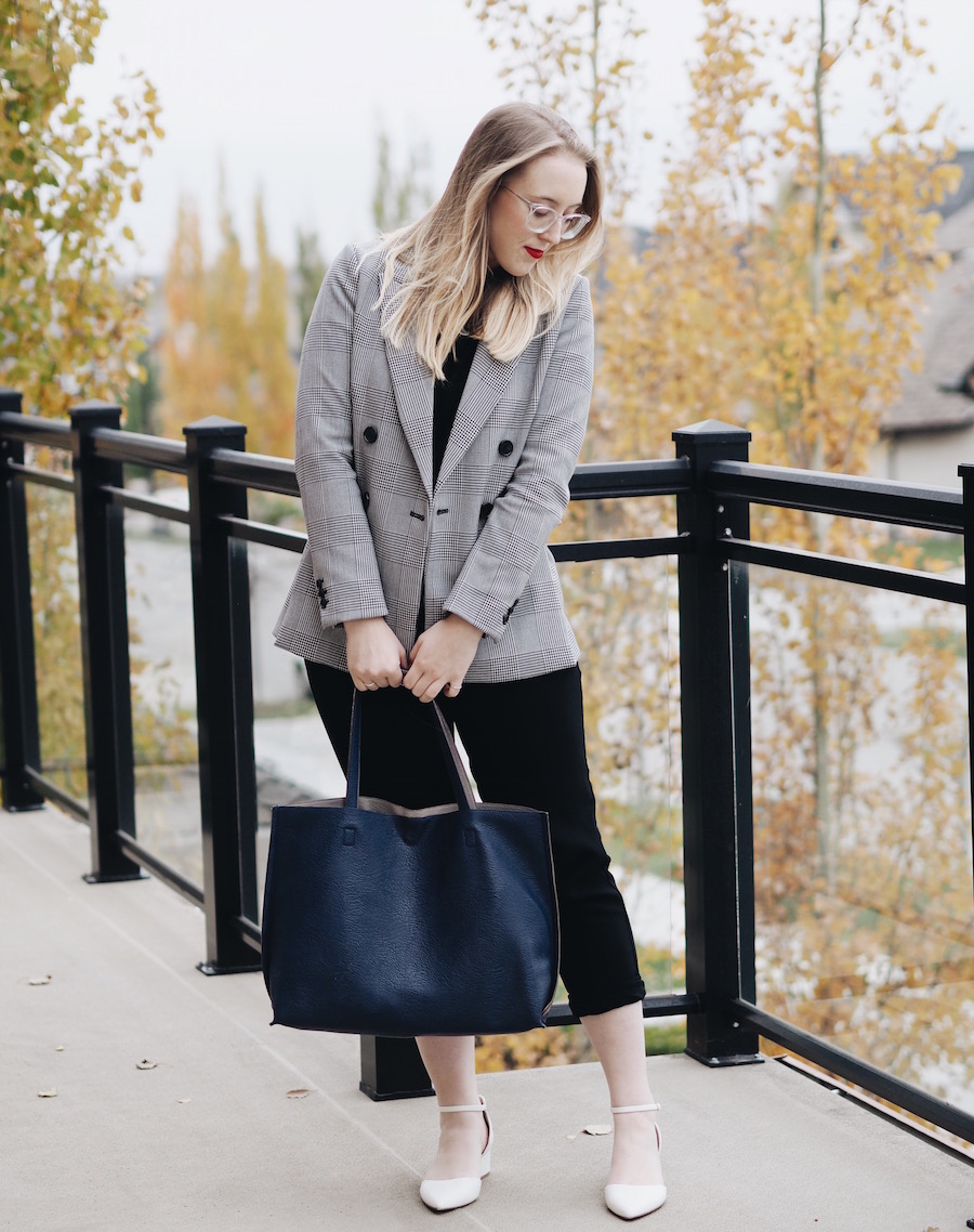 Checkered Blazer - Strungingold {H&M Blazer, Aritzia Joggers, Aldo Block Heels}