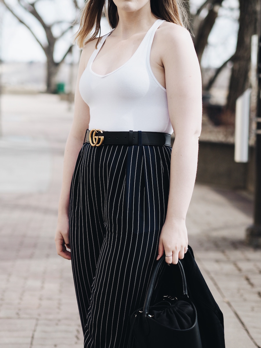 Birthday outfit with trousers, a bodysuit and gucci belt for some spring style