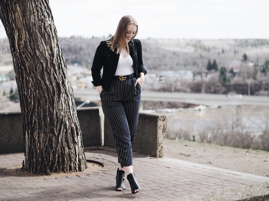 Birthday outfit with trousers, a bodysuit and gucci belt for some spring style