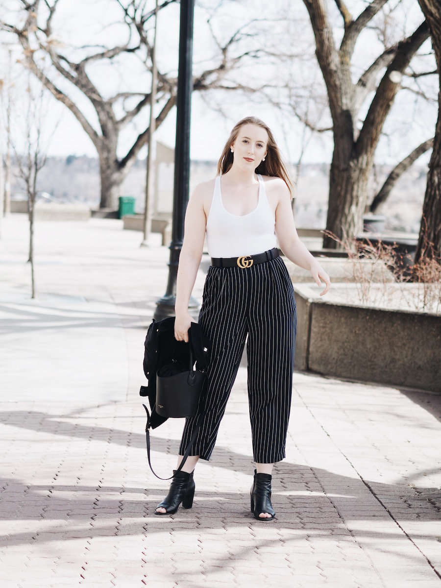 Birthday outfit with trousers, a bodysuit and gucci belt for some spring style