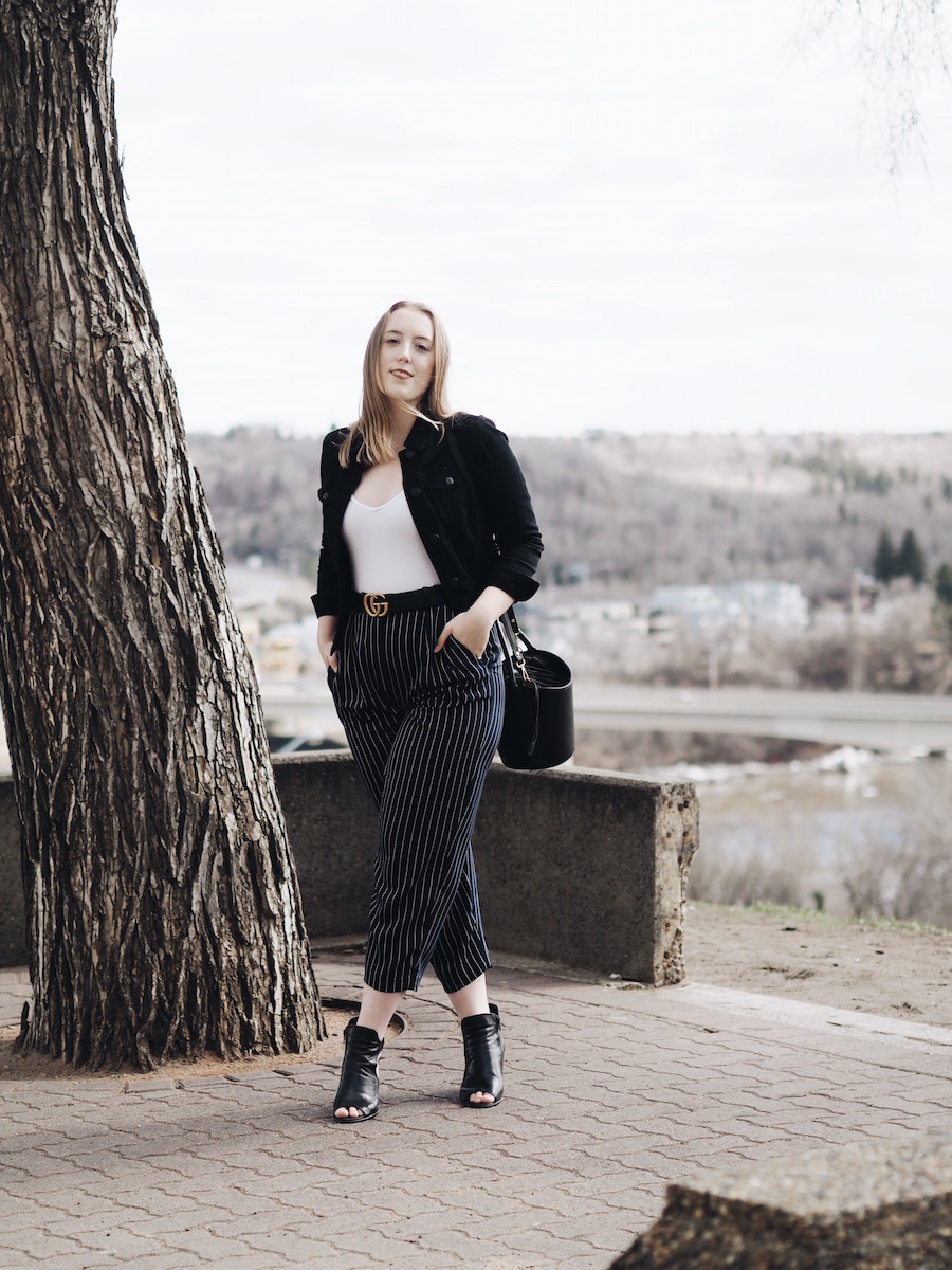 Birthday outfit with trousers, a bodysuit and gucci belt for some spring style