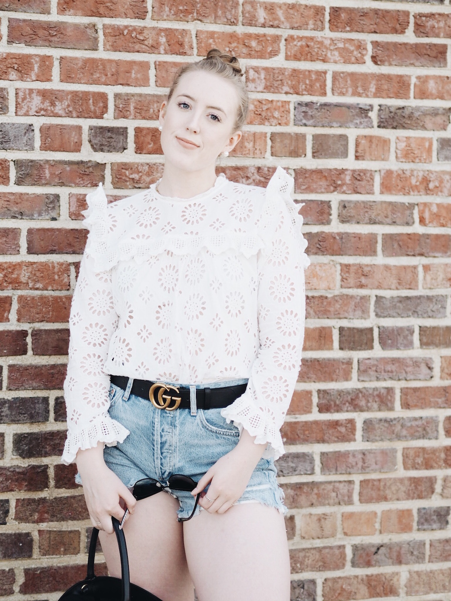 Summer style ruffled top with denim cutoff shorts