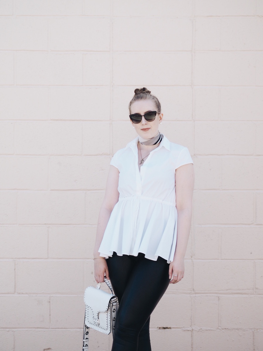 Warm weather outfit with leather leggings and pastels