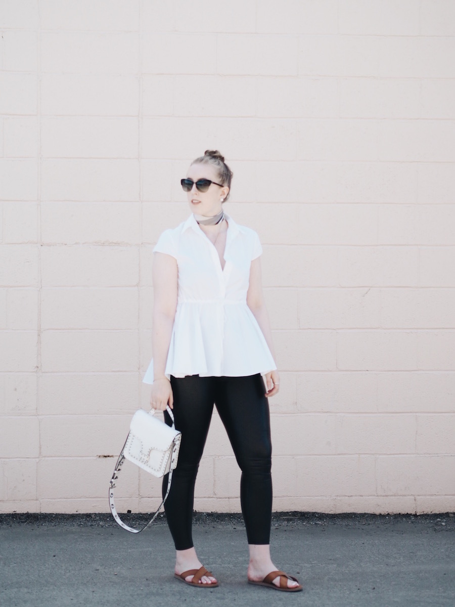 Warm weather outfit with leather leggings and pastels