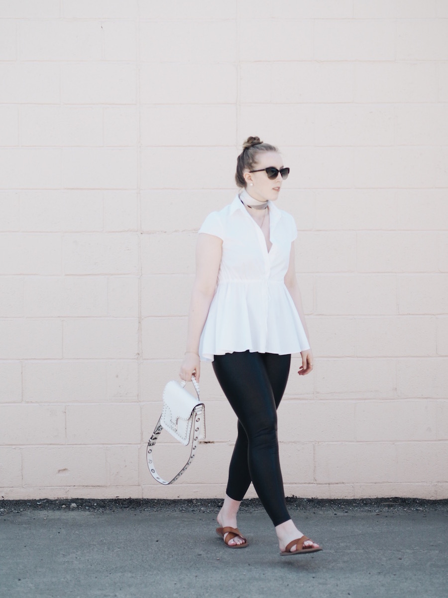 Warm weather outfit with leather leggings and pastels