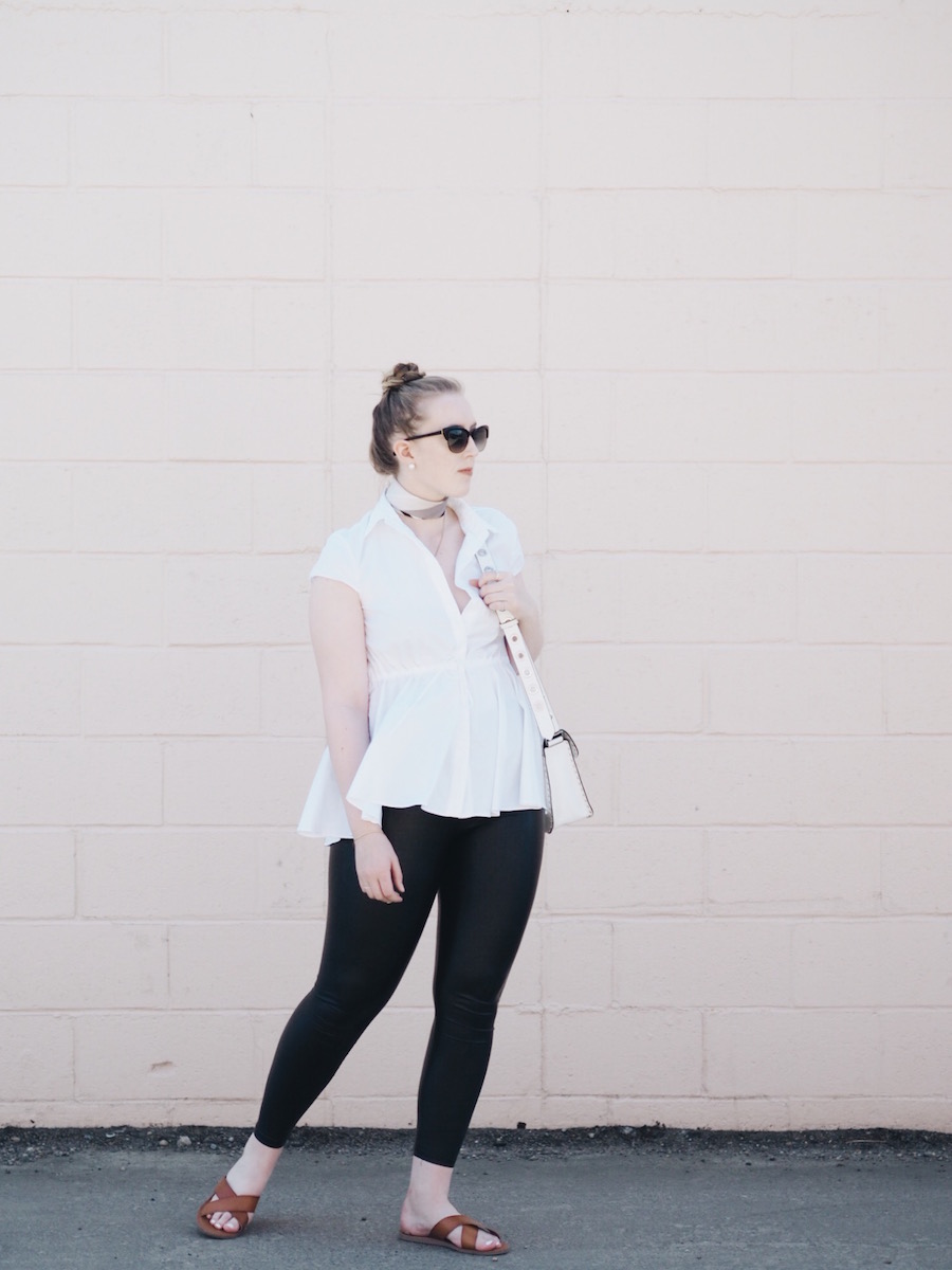 Warm weather outfit with leather leggings and pastels