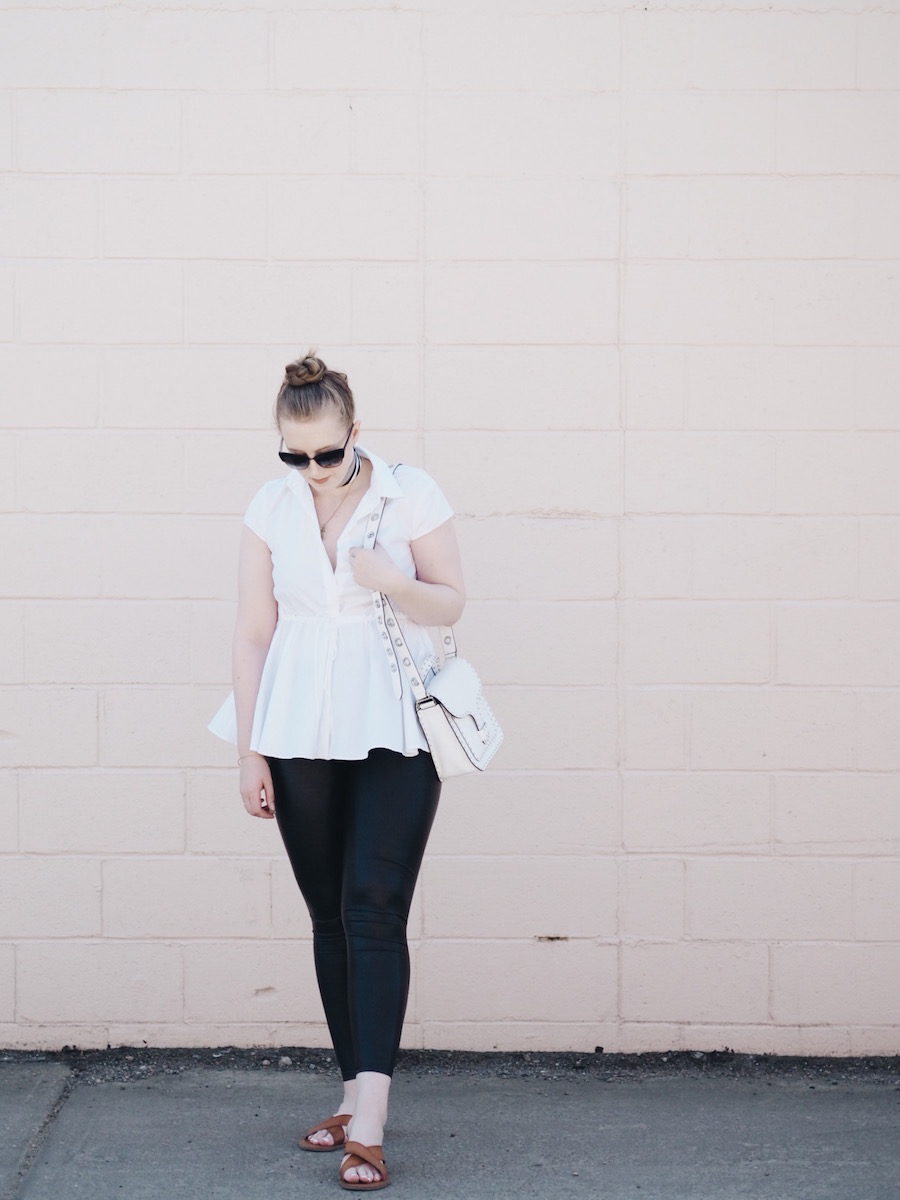 Warm weather outfit with leather leggings and pastels