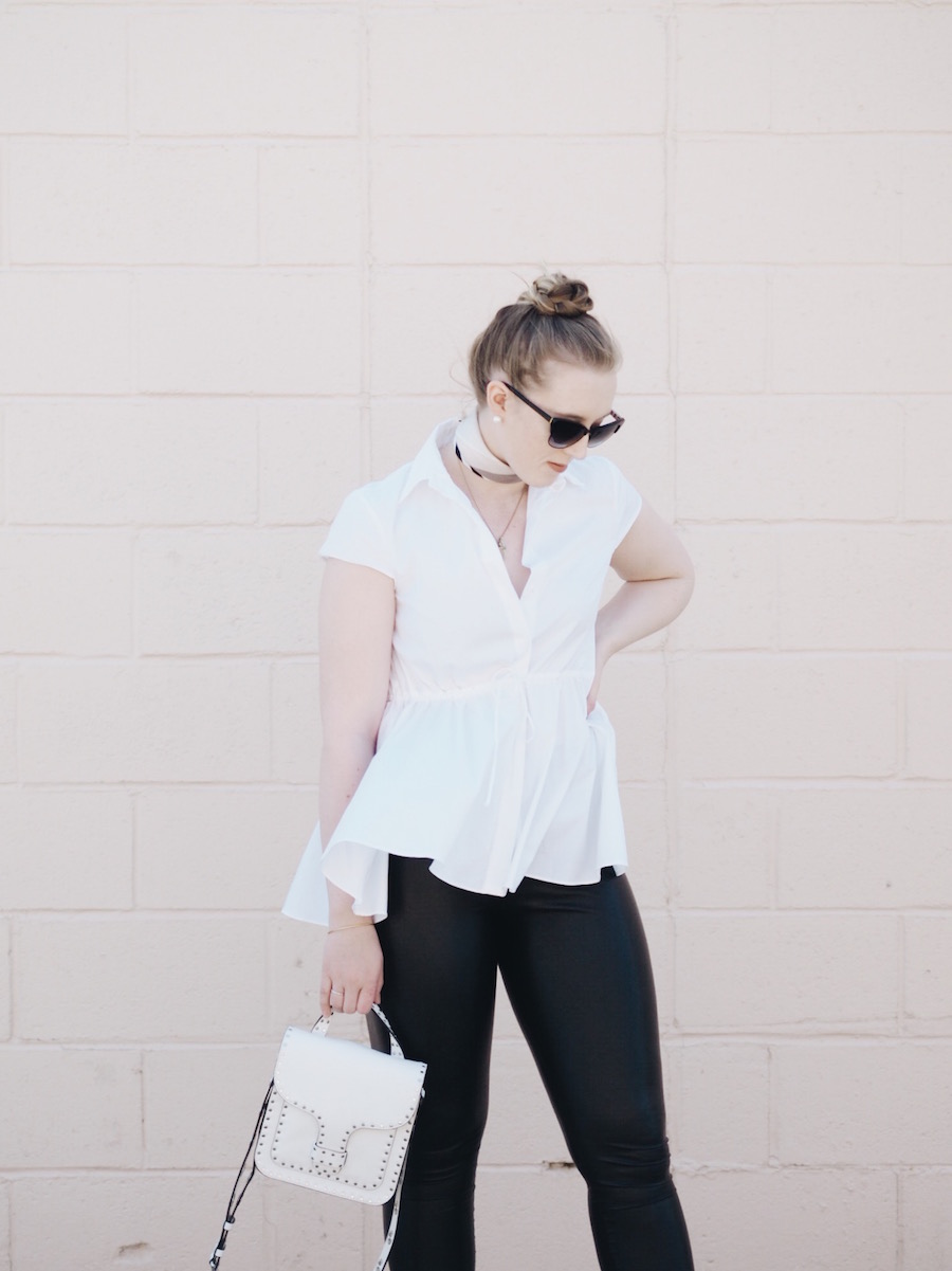 Warm weather outfit with leather leggings and pastels