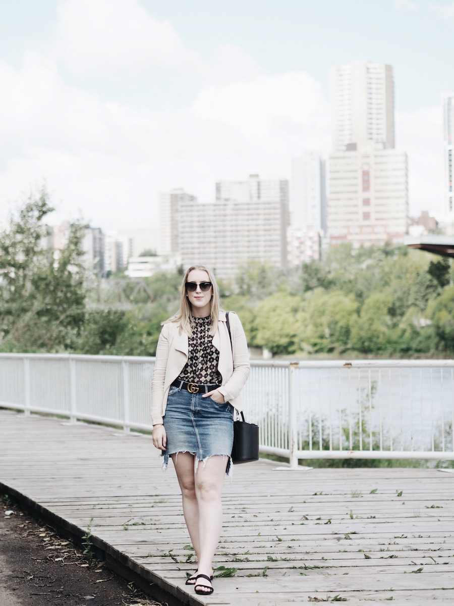 denim jean skirt easy weekend outfit gucci yeg edmonton summer