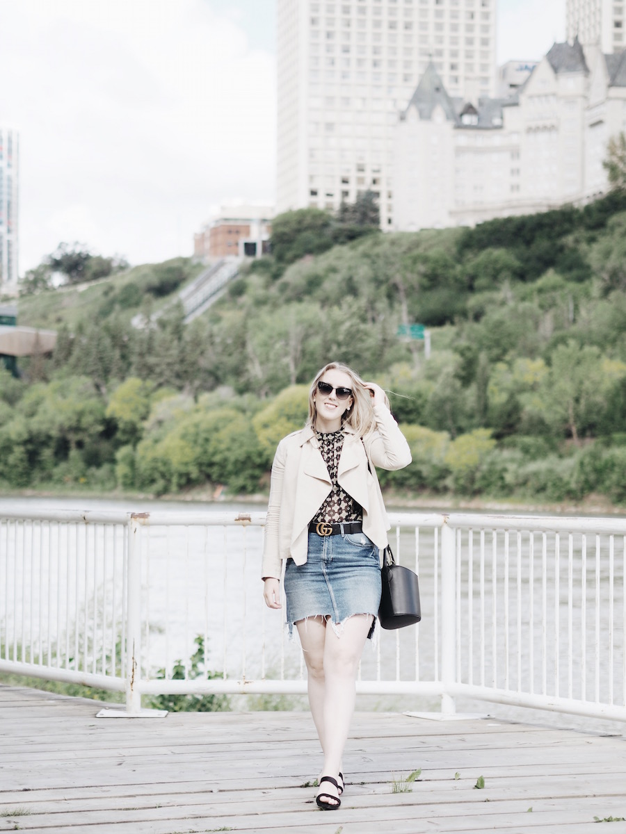 denim jean skirt easy weekend outfit gucci yeg edmonton summer