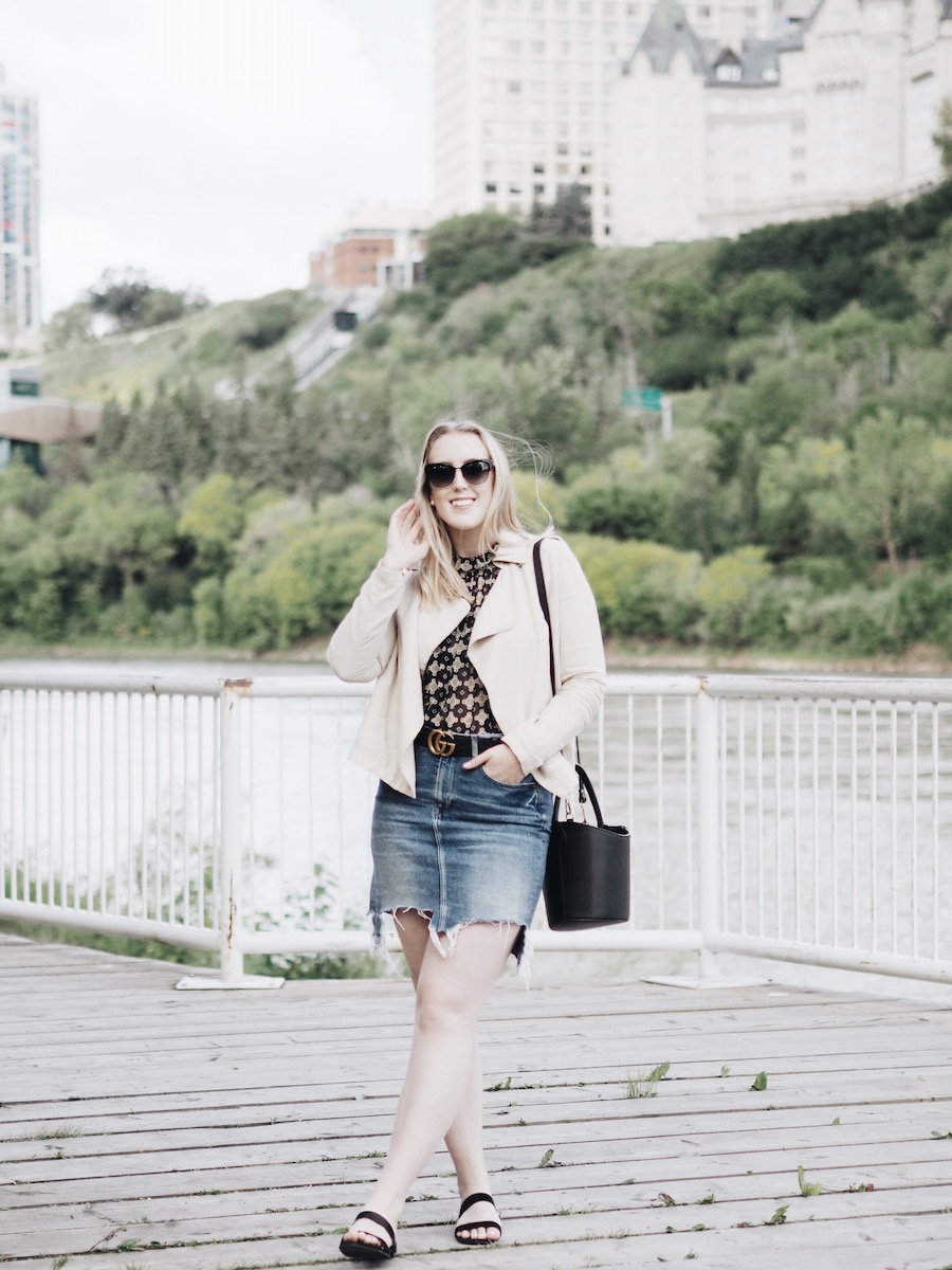 denim jean skirt easy weekend outfit gucci yeg edmonton summer