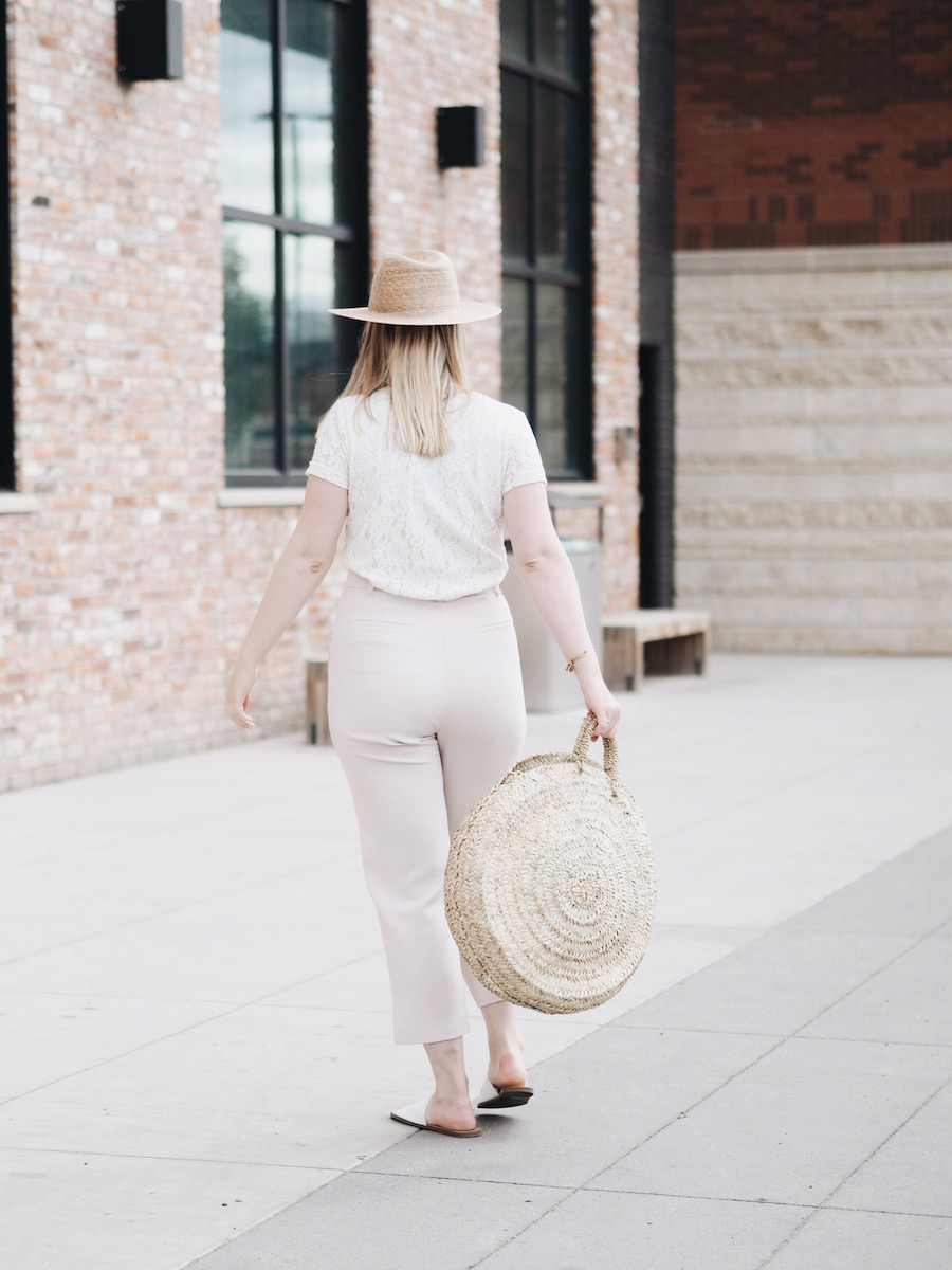 New YEG restaurant in Brewery District wearing easy summer monochromatic outfit with best trousers