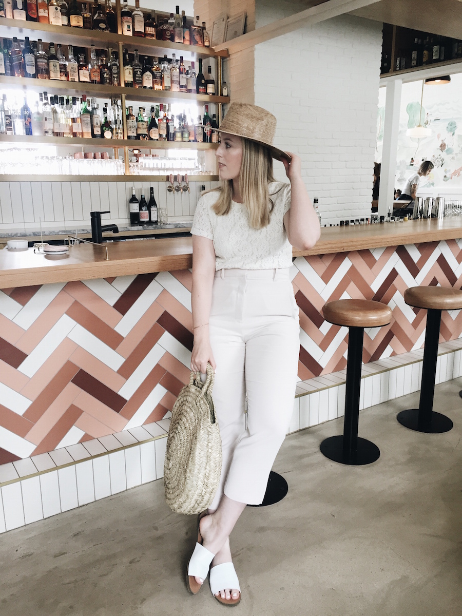 New YEG restaurant in Brewery District wearing easy summer monochromatic outfit with best trousers