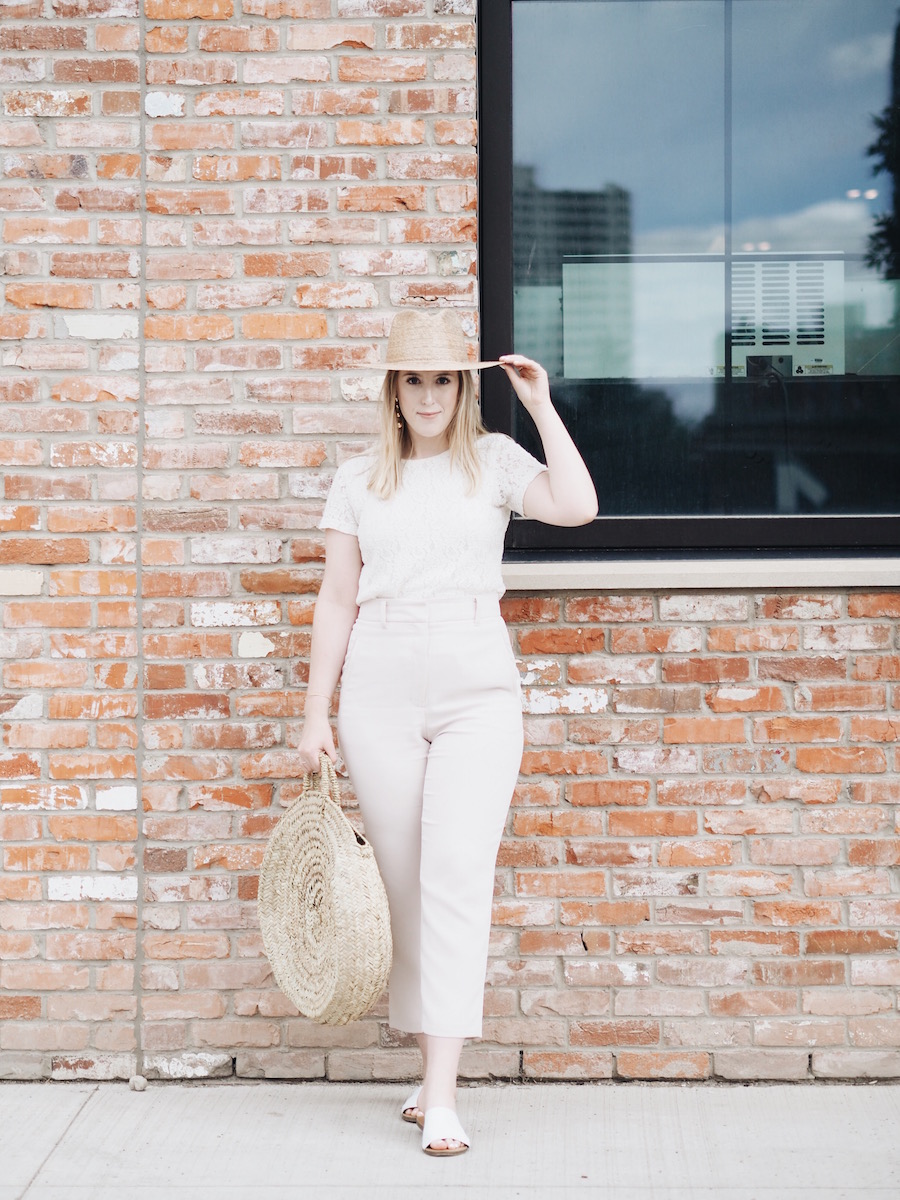 New YEG restaurant in Brewery District wearing easy summer monochromatic outfit with best trousers