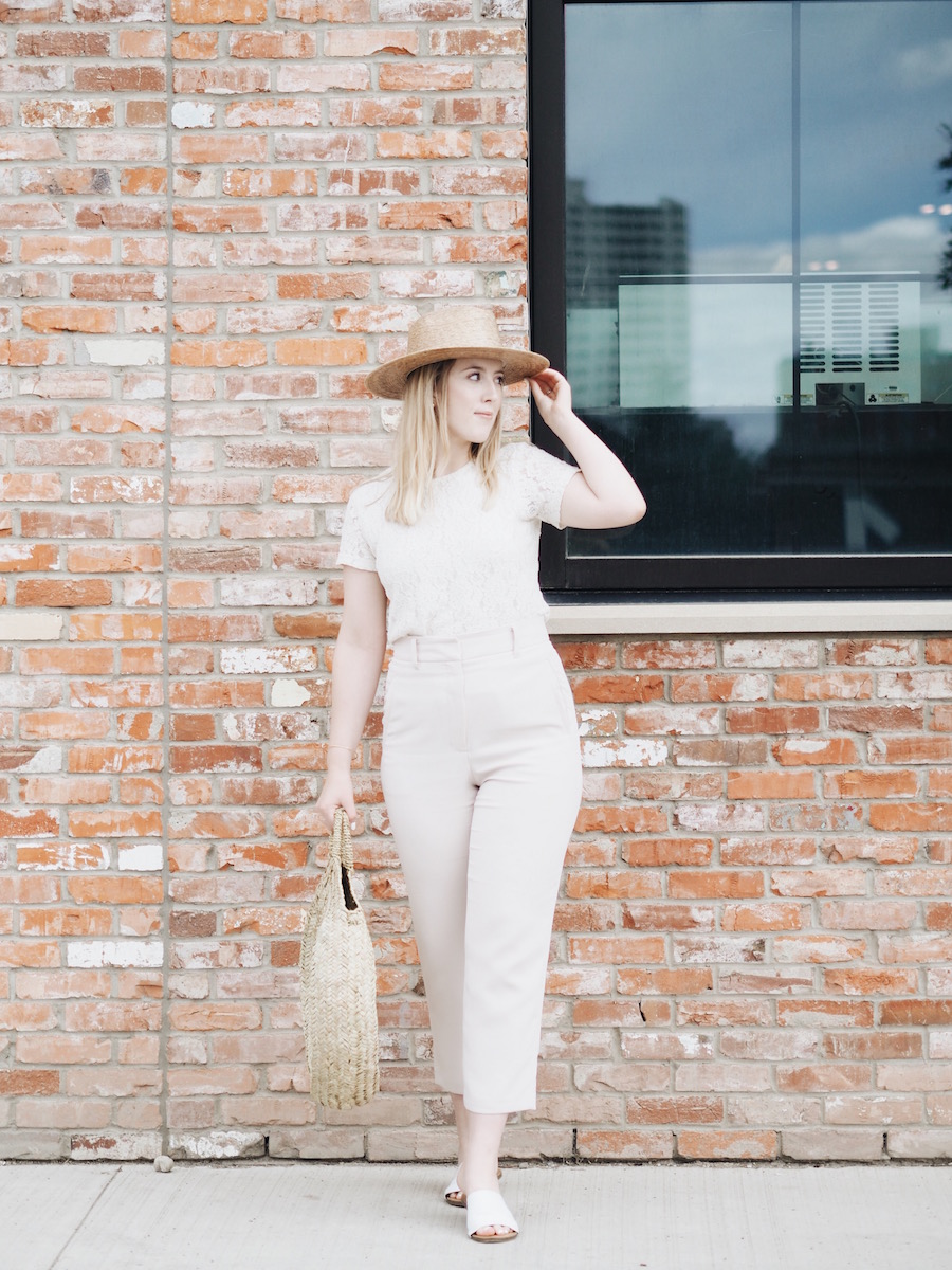 New YEG restaurant in Brewery District wearing easy summer monochromatic outfit with best trousers