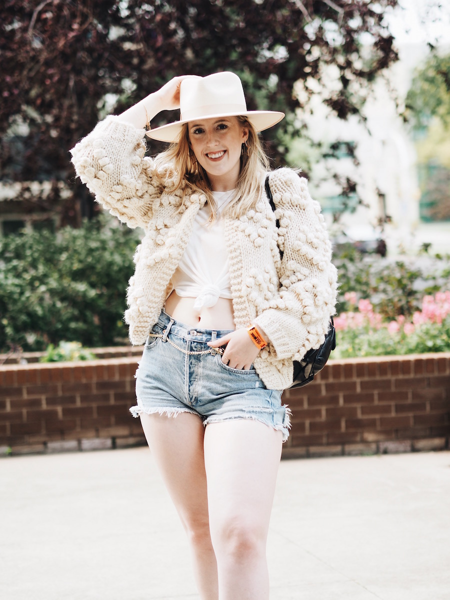 Fall Style chunky knit transitioning seasons denim cutoffs vintage thrifted chain belt edmonton folk music festival