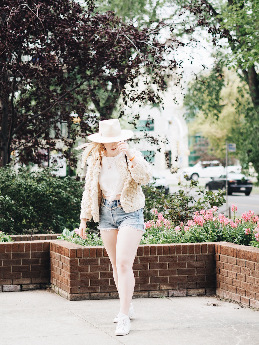 Fall Style chunky knit transitioning seasons denim cutoffs vintage thrifted chain belt edmonton folk music festival