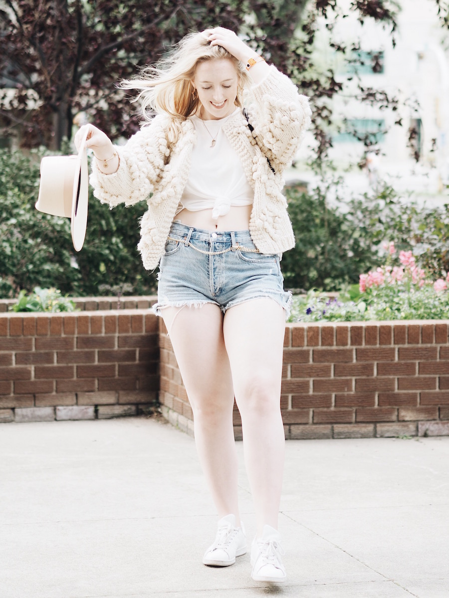 Fall Style chunky knit transitioning seasons denim cutoffs vintage thrifted chain belt edmonton folk music festival