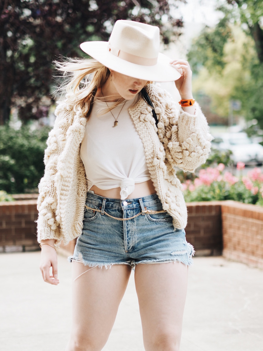 Fall Style chunky knit transitioning seasons denim cutoffs vintage thrifted chain belt edmonton folk music festival