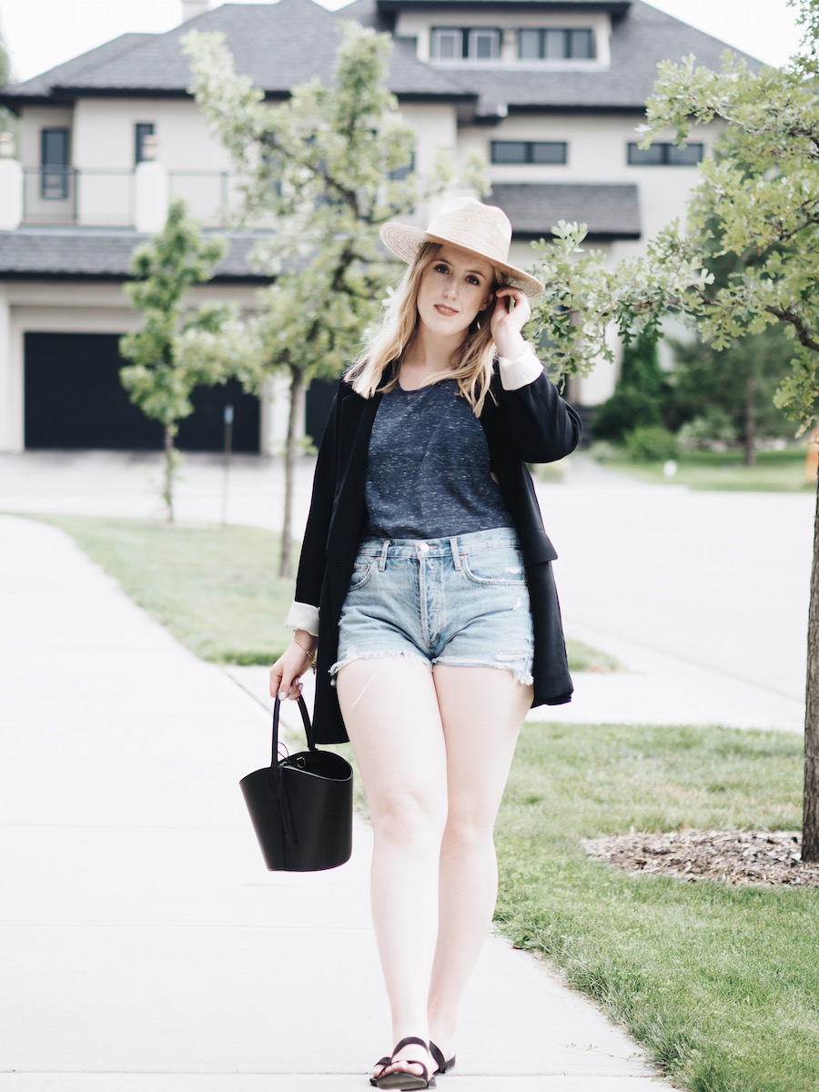 blazer jacket jean shorts straw hat easy ootd between seasons