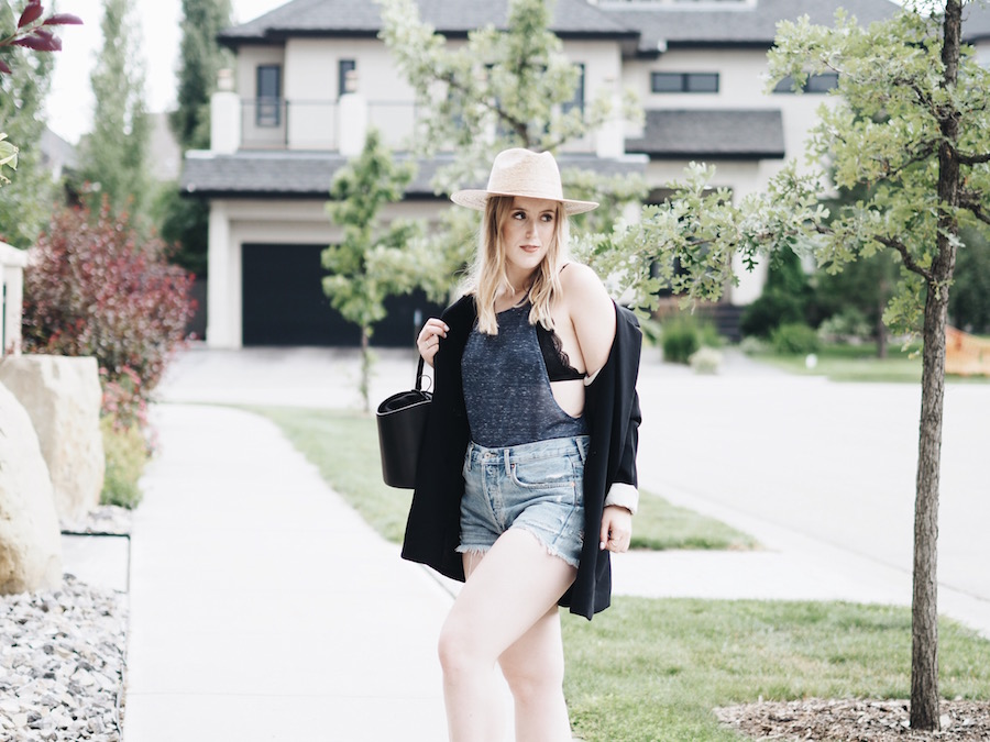 blazer jacket jean shorts straw hat easy ootd between seasons