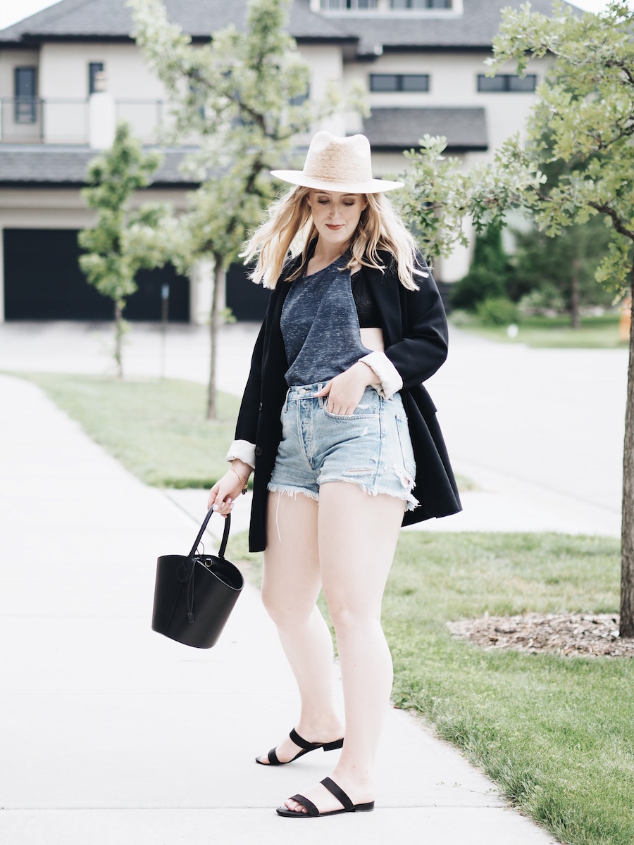 blazer jacket jean shorts straw hat easy ootd between seasons