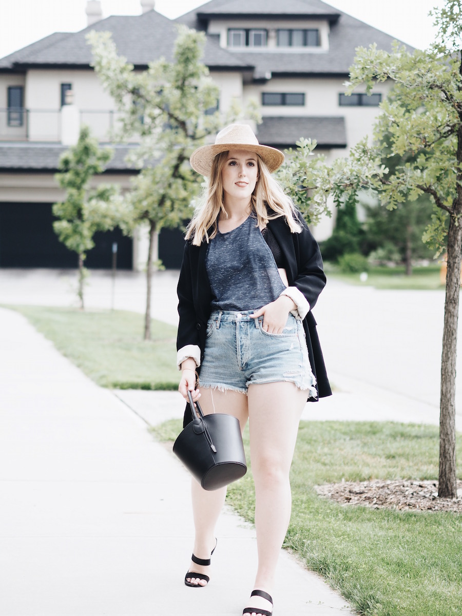 blazer jacket jean shorts straw hat easy ootd between seasons