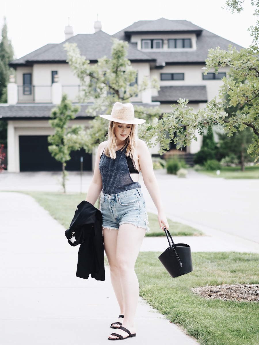 blazer jacket jean shorts straw hat easy ootd between seasons