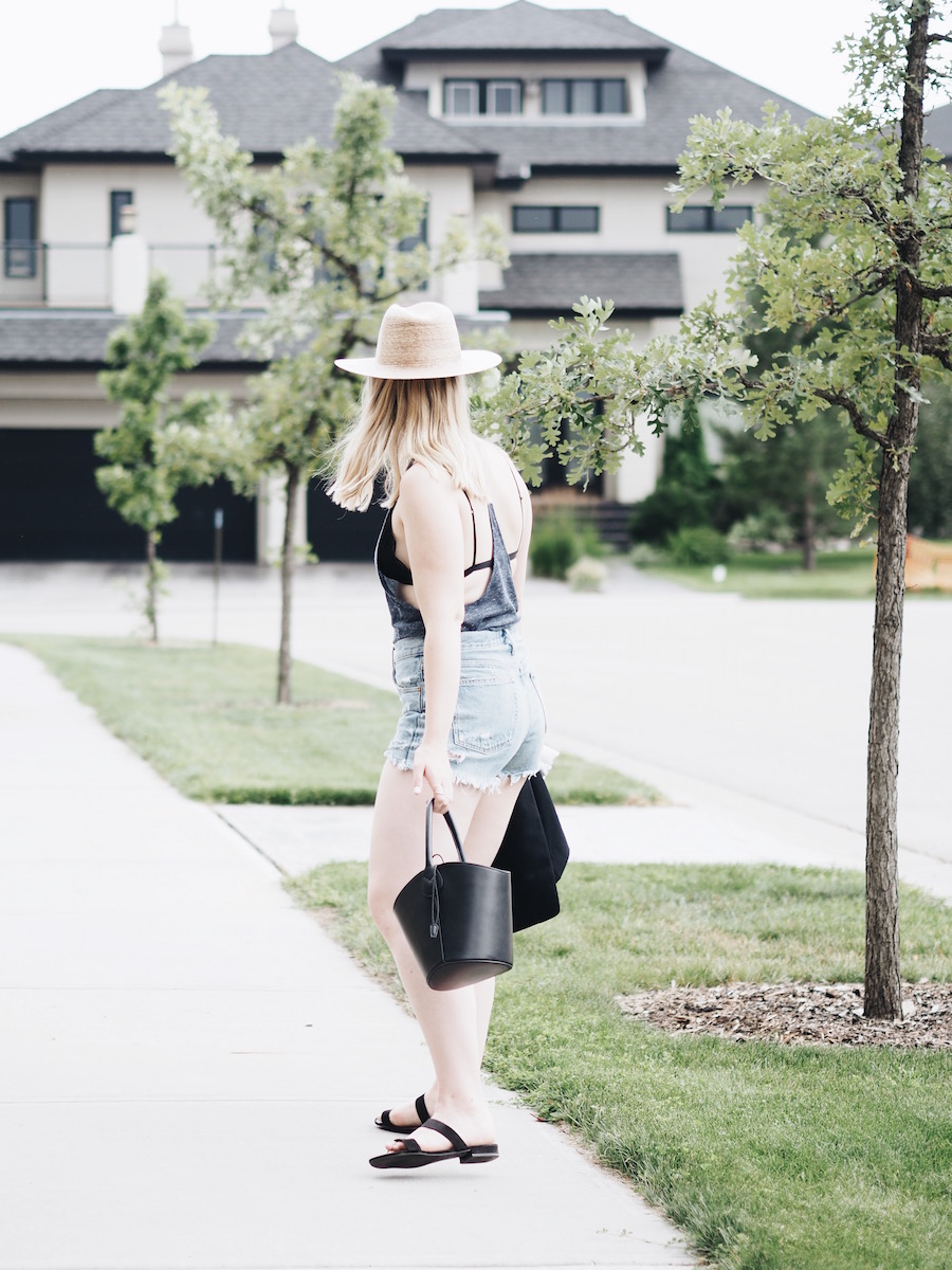 blazer jacket jean shorts straw hat easy ootd between seasons