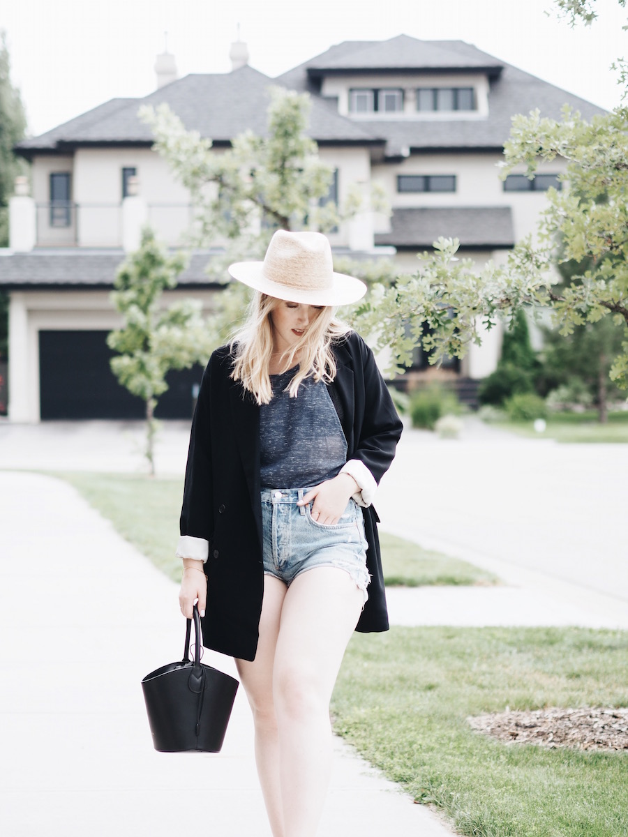 blazer jacket jean shorts straw hat easy ootd between seasons