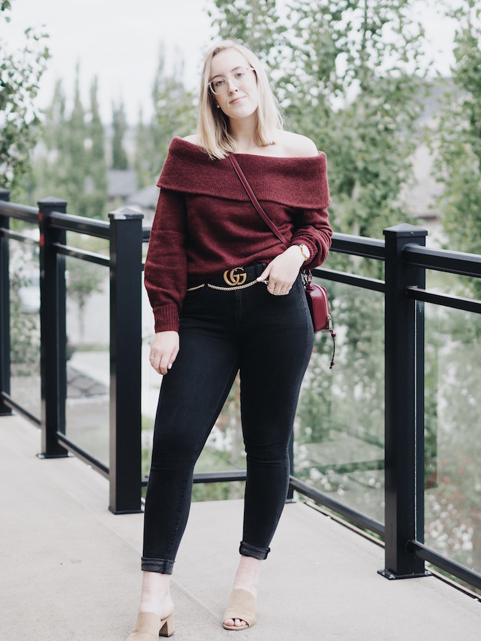 Off the shoulder hm style easy outfit burgundy