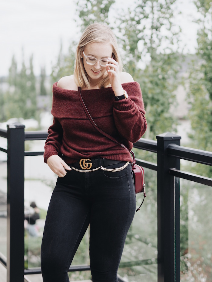 Off the shoulder hm style easy outfit burgundy