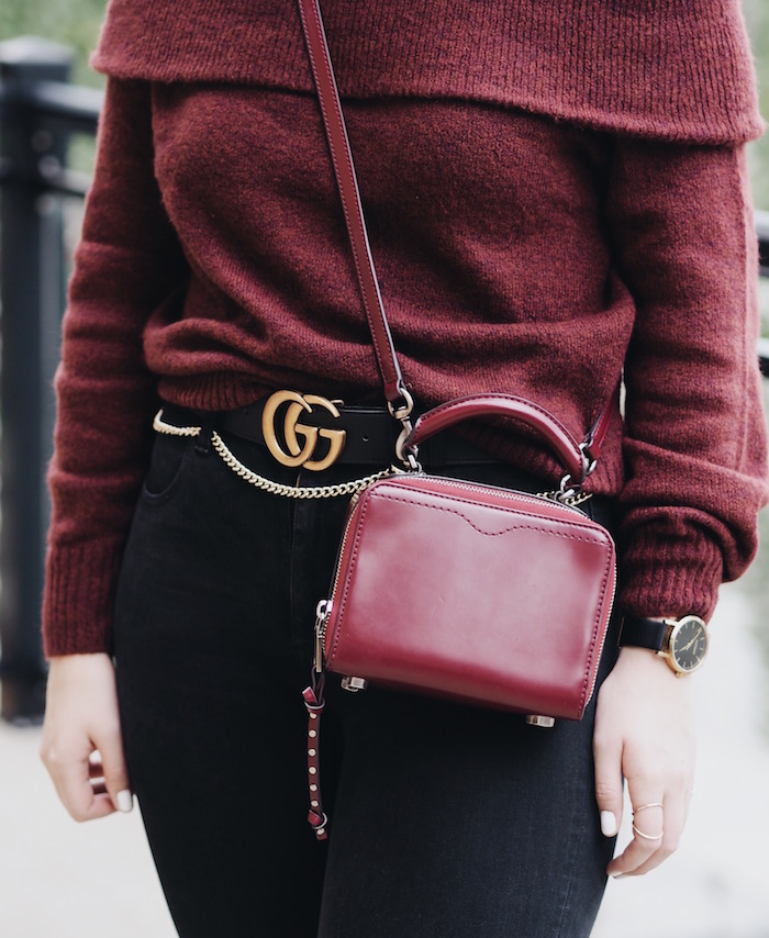 Off the shoulder hm style easy outfit burgundy rebecca minkoff bag