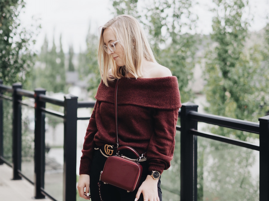 Off the shoulder hm style easy outfit burgundy