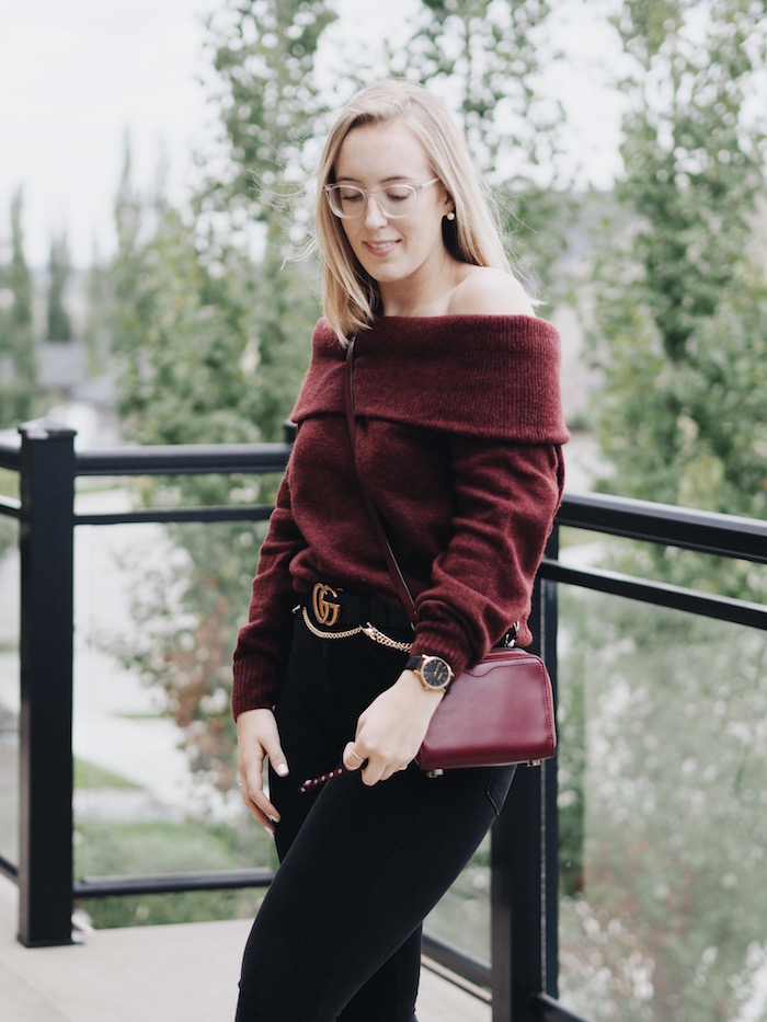 Off the shoulder hm style easy outfit burgundy gucci belt chain 