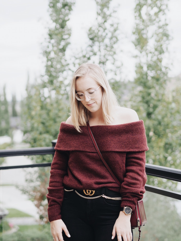 Off the shoulder hm style easy outfit burgundy