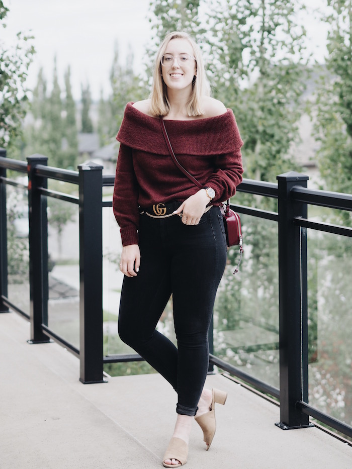 Off the shoulder hm style easy outfit burgundy black jeans denim 