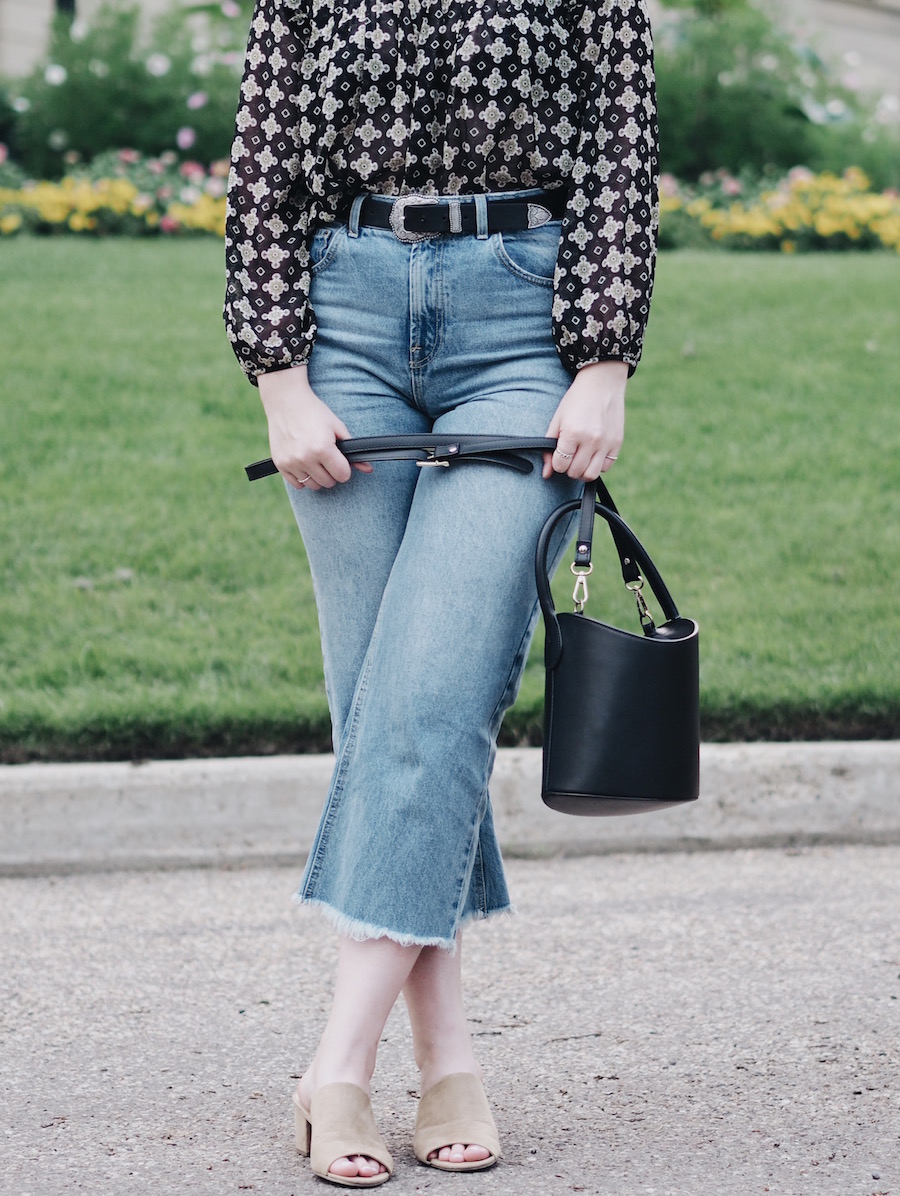 Fall Style wide leg jeans topshop denim bucket bag transition style