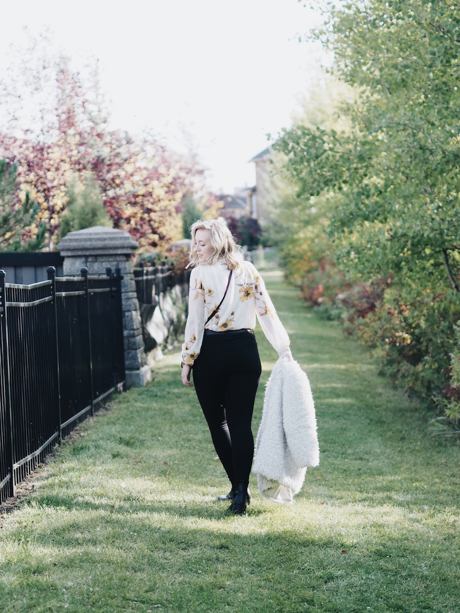 Marigold burgundy floral top yellow fall style aritzia wilfred